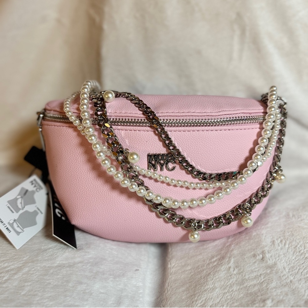Madden NYC Pink Crossbody Fanny Pack – Pearl & Chain Decoration – New With Tags